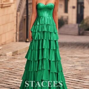A-line Strapless Metallic Sweep Train Ruffles Prom Dress